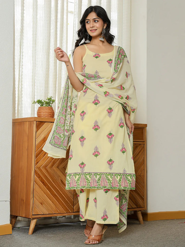 Yellow Cotton Straight Sleeveless Strappy Kurta Dupatta Set-Yufta Store-1532SKDYLS