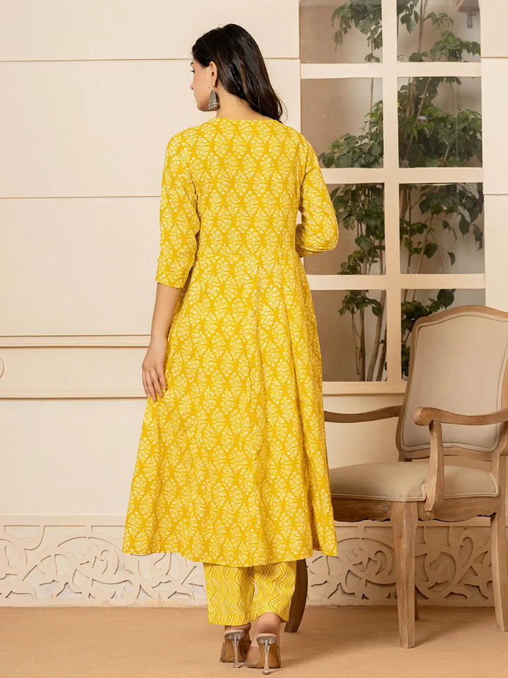 Yellow Embroidered Pure Cotton Anarkali Kurta Trouser With Dupatta Set-Yufta Store-6967SKDYLS