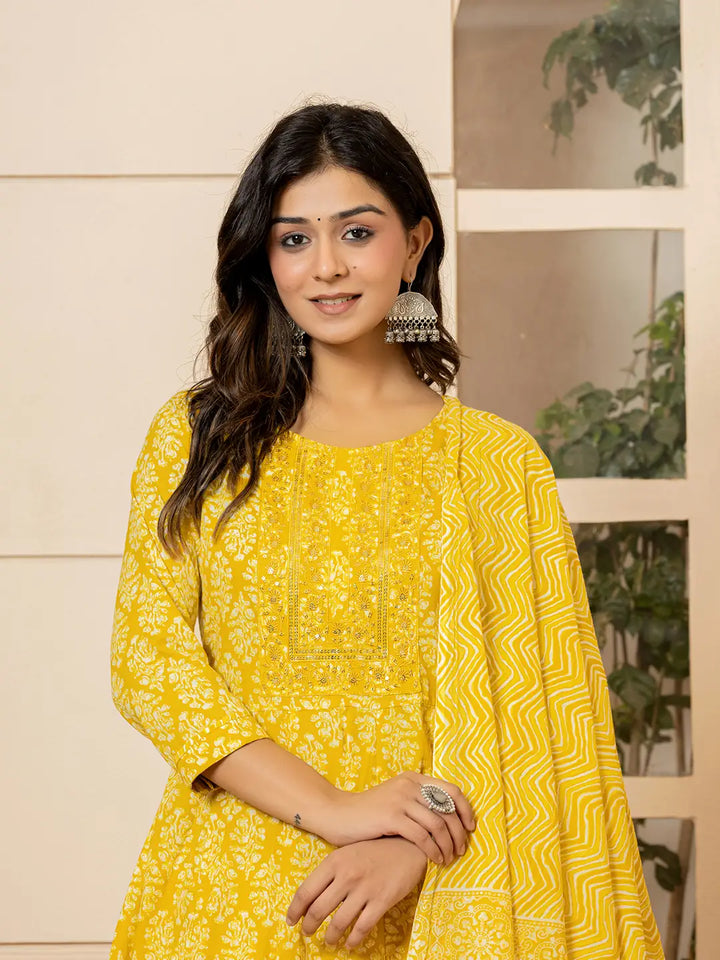 Yellow Embroidered Pure Cotton Anarkali Kurta Trouser With Dupatta Set-Yufta Store-6967SKDYLS