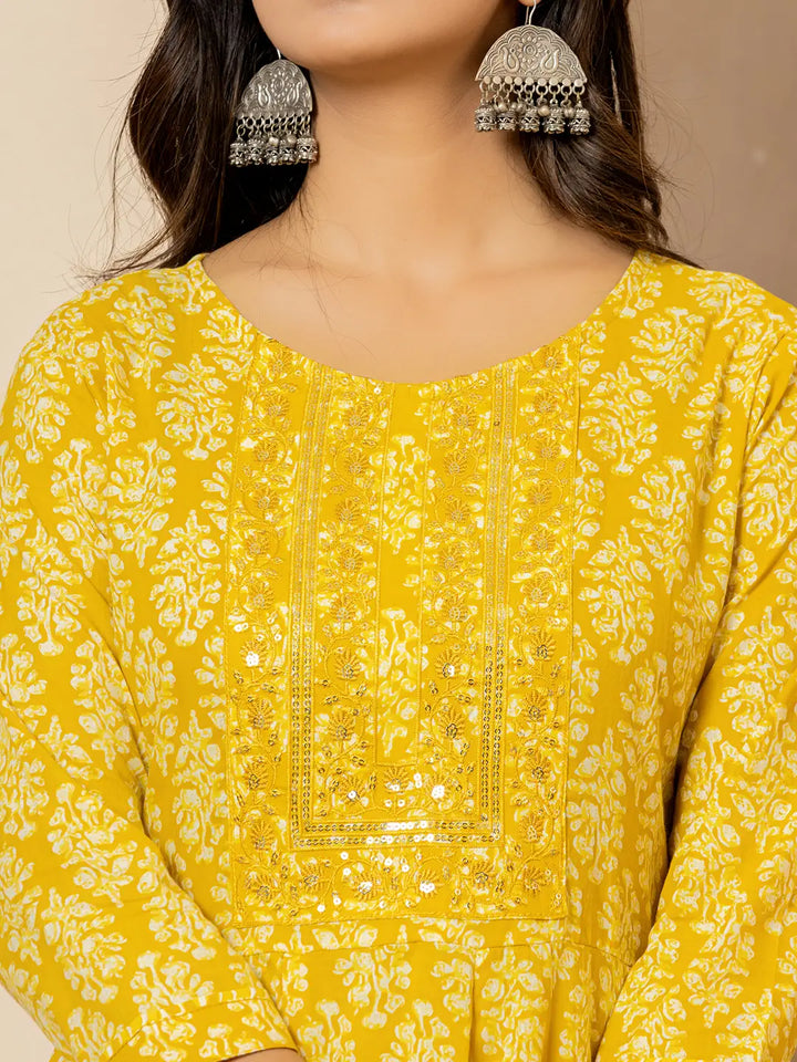 Yellow Embroidered Pure Cotton Anarkali Kurta Trouser With Dupatta Set-Yufta Store-6967SKDYLS