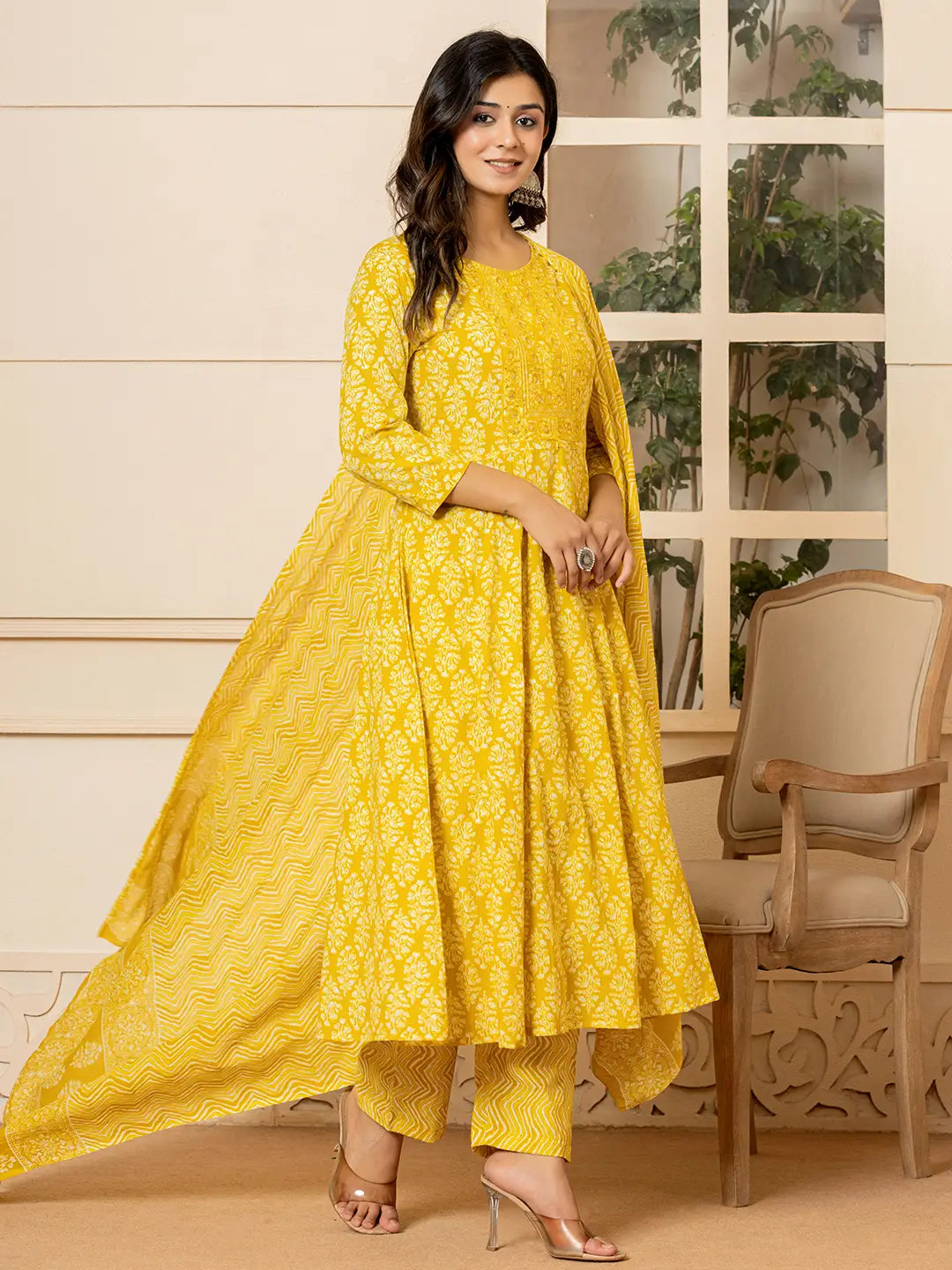 Yellow Embroidered Pure Cotton Anarkali Kurta Trouser With Dupatta Set-Yufta Store-6967SKDYLS