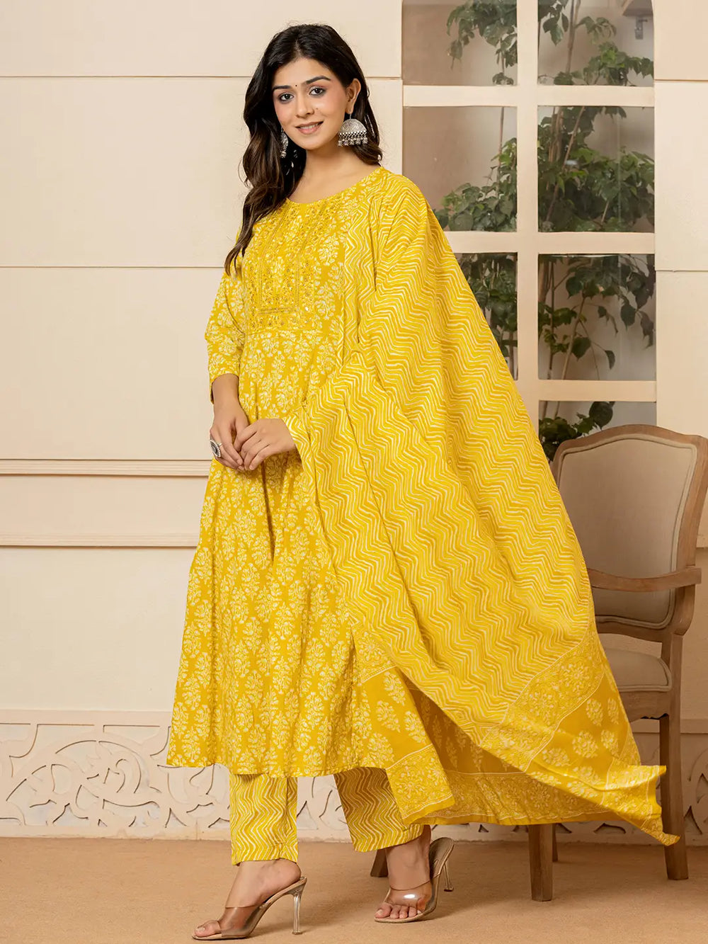 Yellow Embroidered Pure Cotton Anarkali Kurta Trouser With Dupatta Set