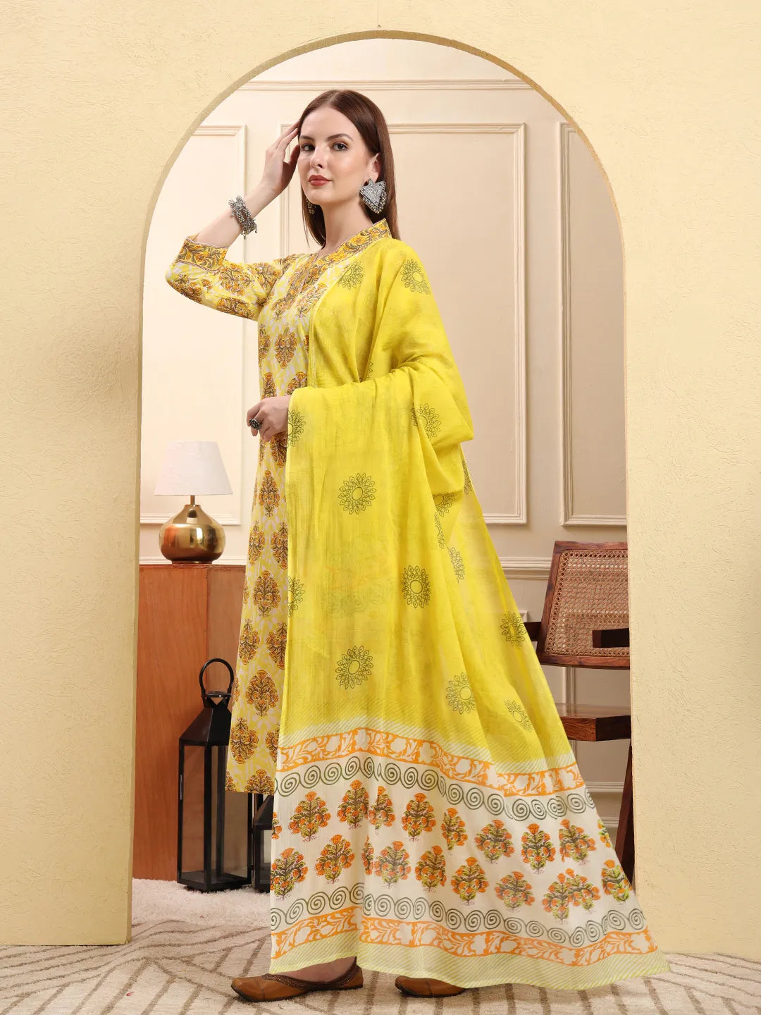 Yellow Ethnic Motifs Sequins Work Straight Kurta Trouser Dupatta Set