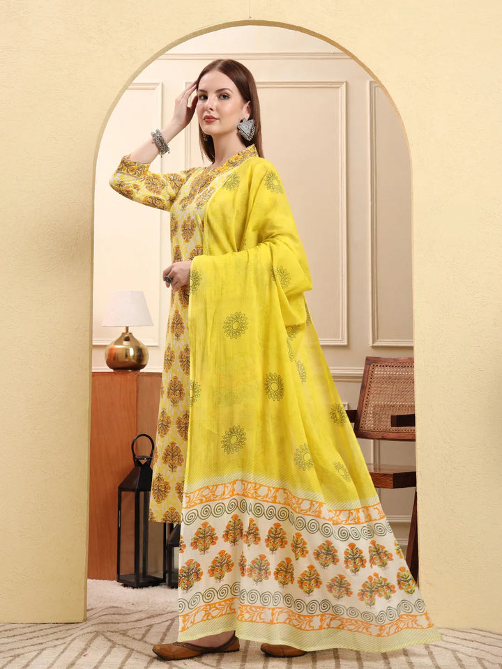 Yellow Ethnic Motifs Sequins Work Straight Kurta Trouser Dupatta Set