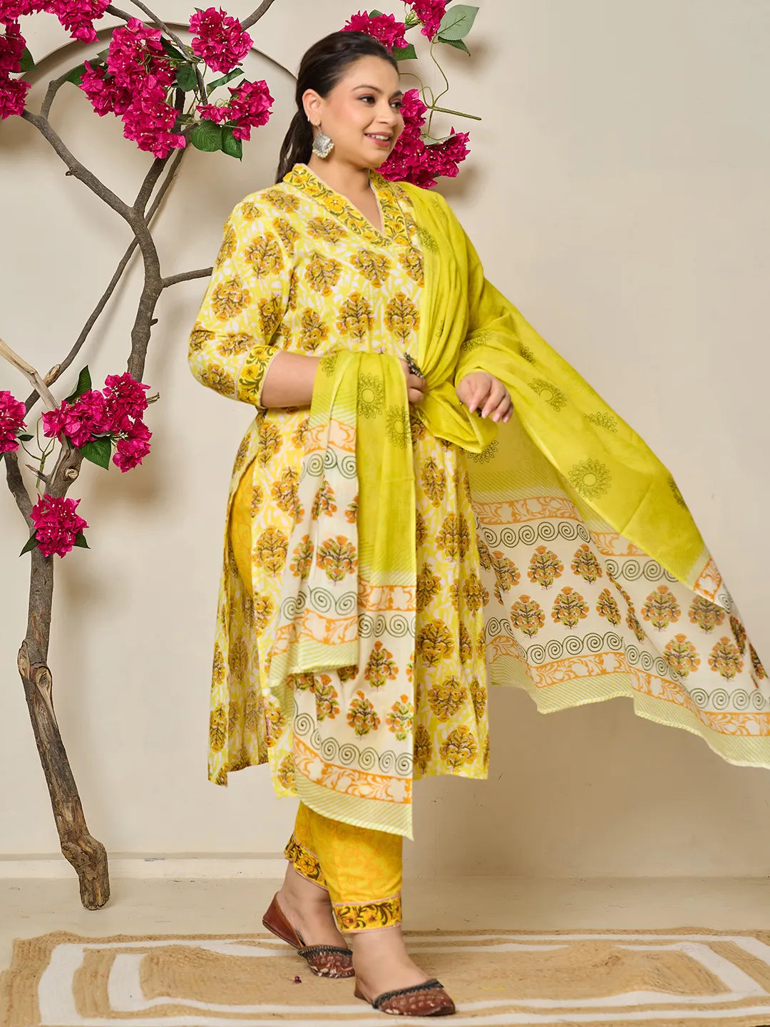 Yellow Ethnic Motifs Sequins Work Straight Plus Size Kurta Trouser Dupatta Set