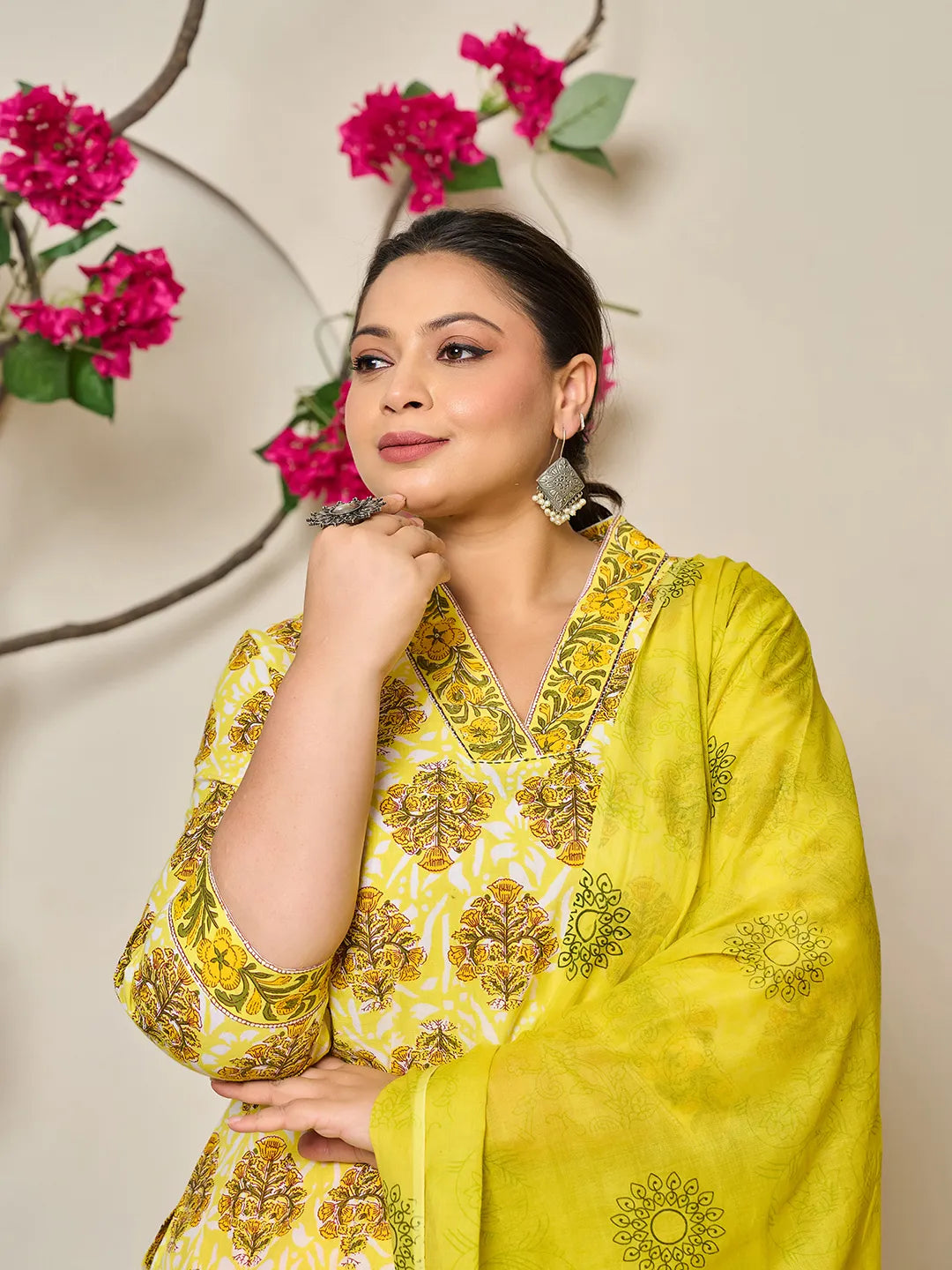 Yellow Ethnic Motifs Sequins Work Straight Plus Size Kurta Trouser Dupatta Set