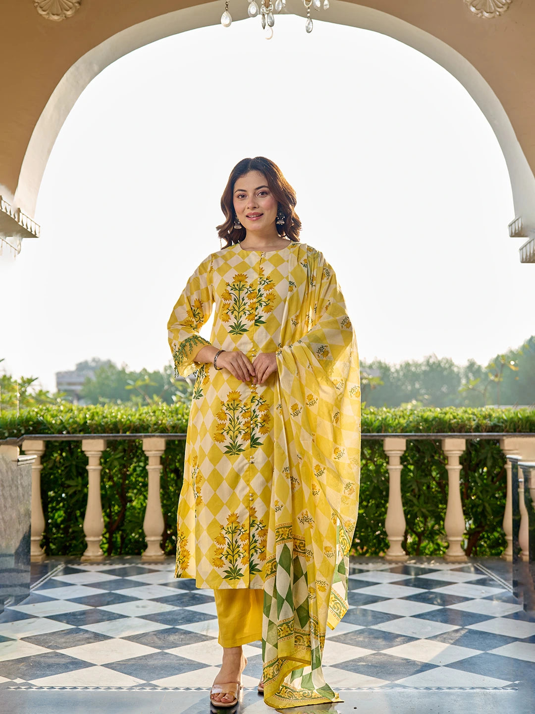 Yellow Floral And Geometric A-Line Button Yoke Design Kurta Trouser Dupatta Set