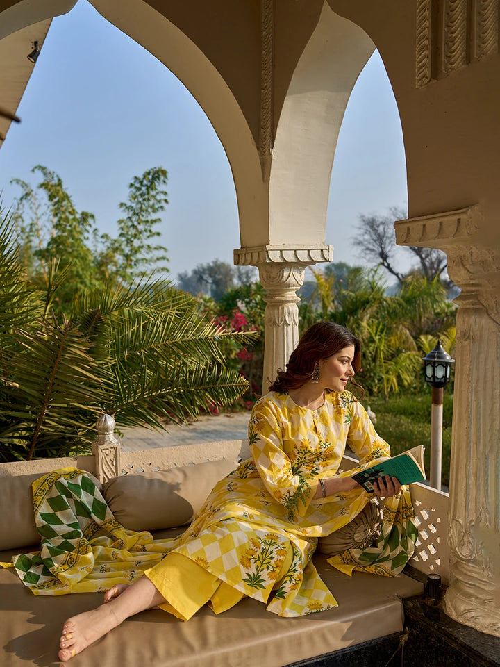 Yellow Floral And Geometric A-Line Button Yoke Design Kurta Trouser Dupatta Set