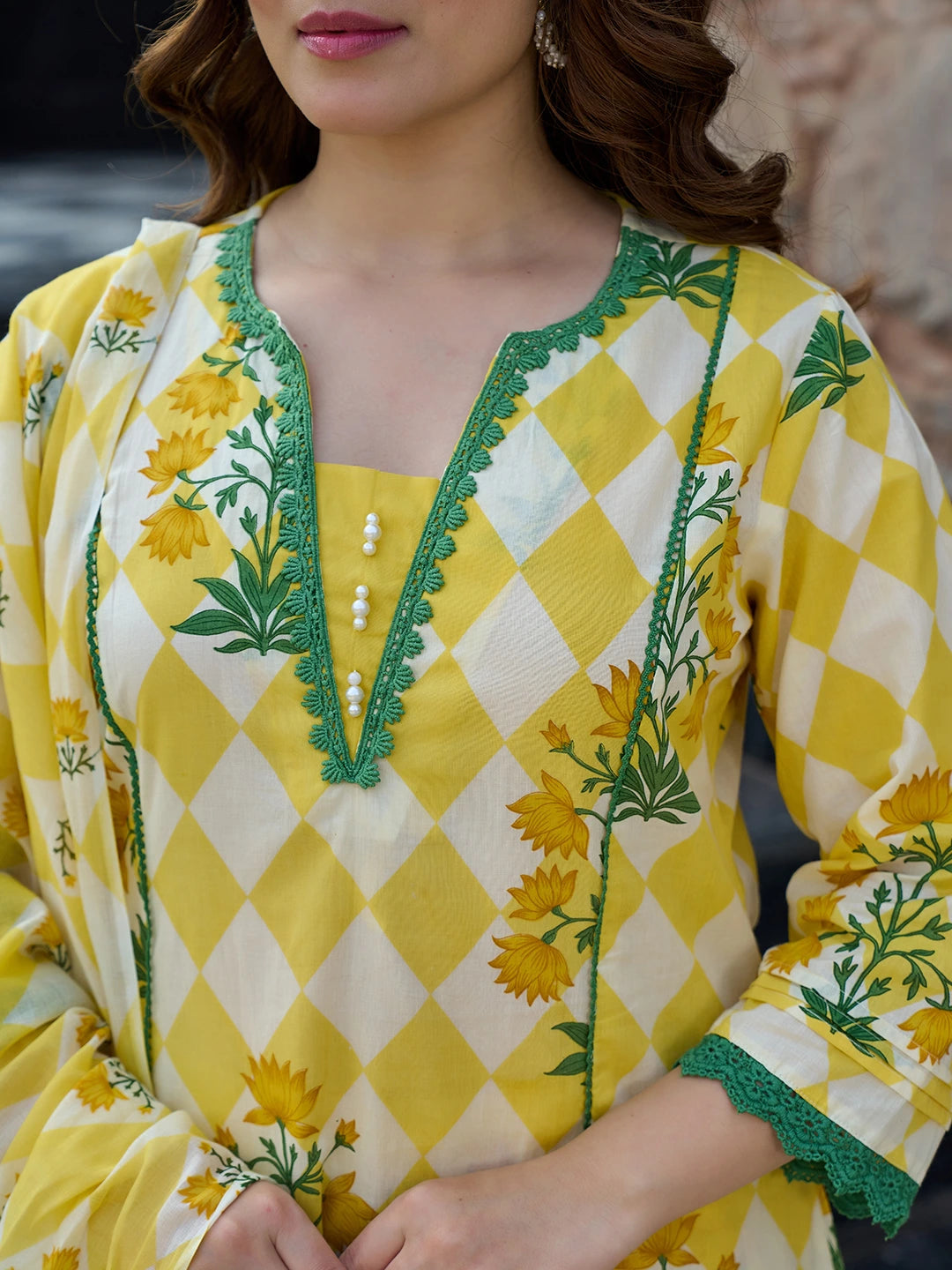 Yellow Floral And Geometric Anarkali Lace-Work Kurta Trouser Dupatta Set