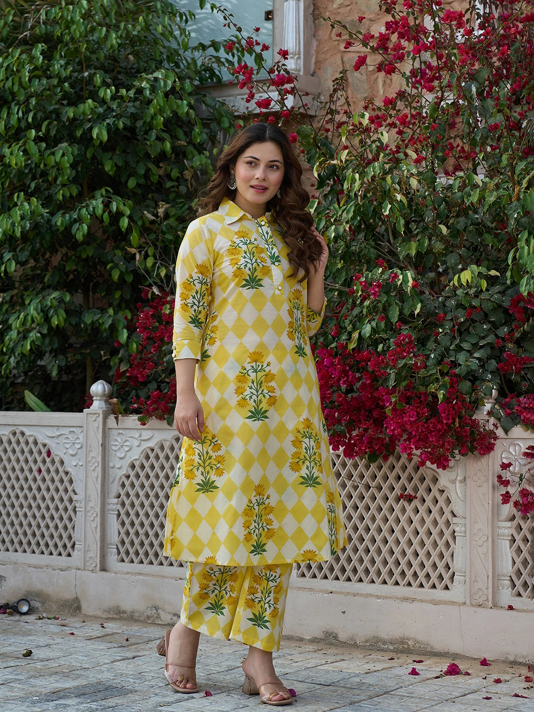 Yellow Floral And Geometric Straight Button Yoke Kurta Trouser Set