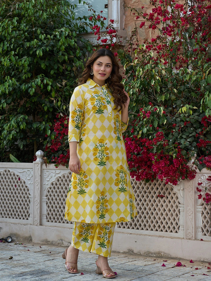 Yellow Floral And Geometric Straight Button Yoke Kurta Trouser Set