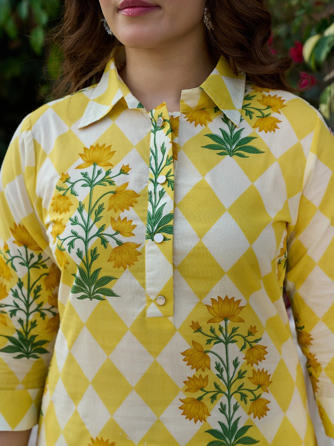 Yellow Floral And Geometric Straight Button Yoke Kurta Trouser Set