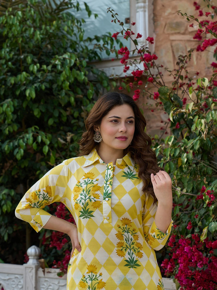 Yellow Floral And Geometric Straight Button Yoke Kurta Trouser Set