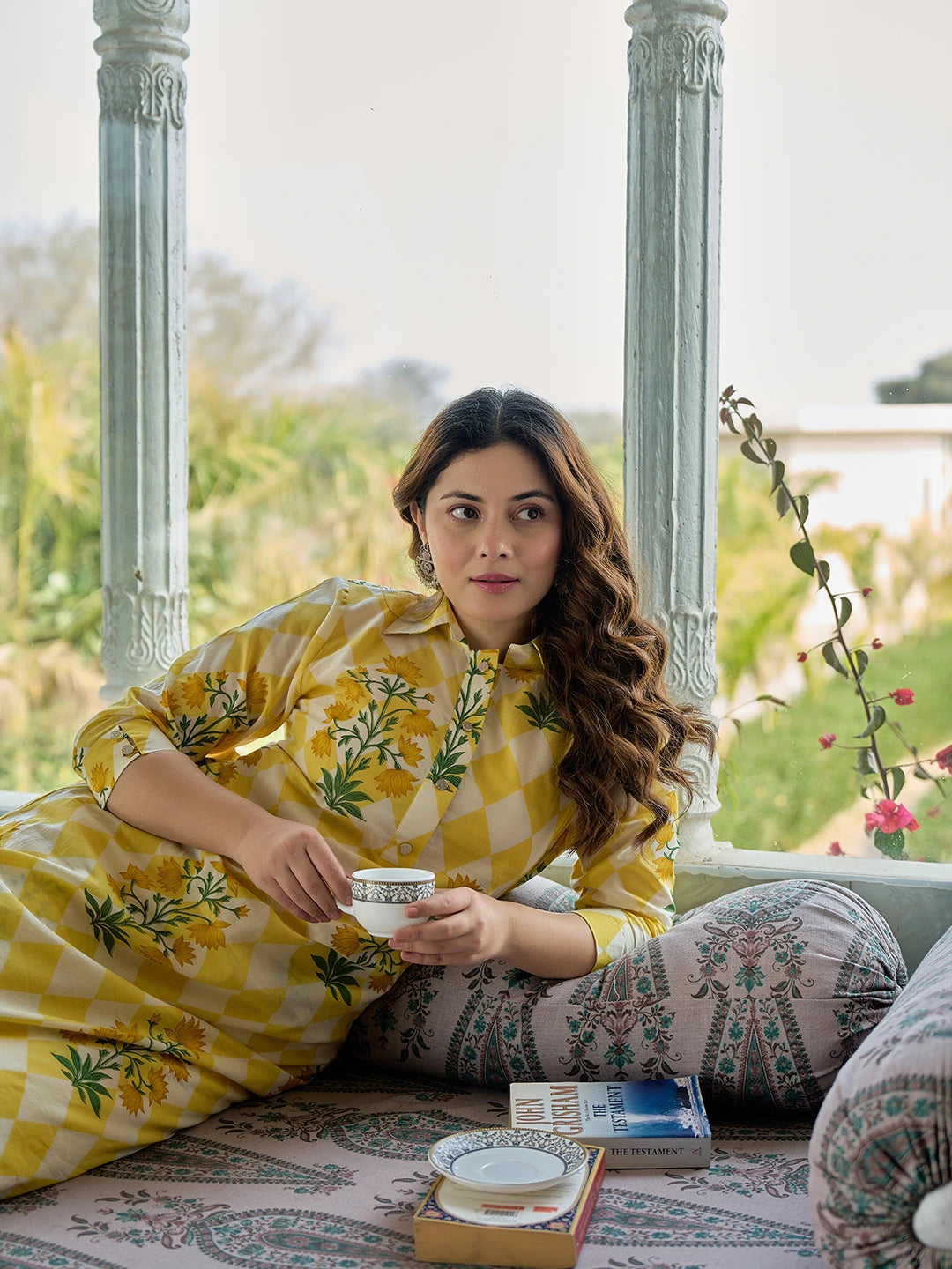 Yellow Floral And Geometric Straight Button Yoke Kurta Trouser Set