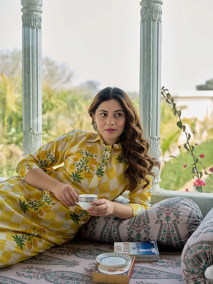 Yellow Floral And Geometric Straight Button Yoke Kurta Trouser Set