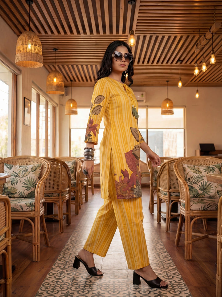 Yellow Floral And Striped Print Straight Cotton Co-Ord Set-Yufta Store-7489CRDYLM