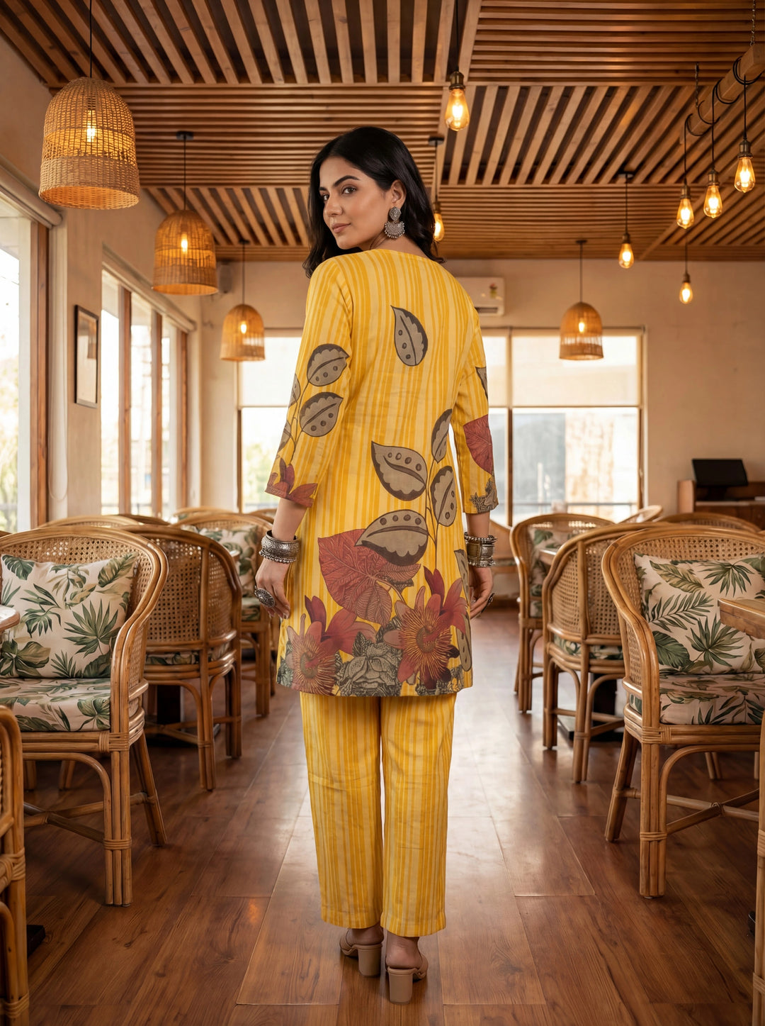 Yellow Floral And Striped Print Straight Cotton Co-Ord Set-Yufta Store-7489CRDYLM