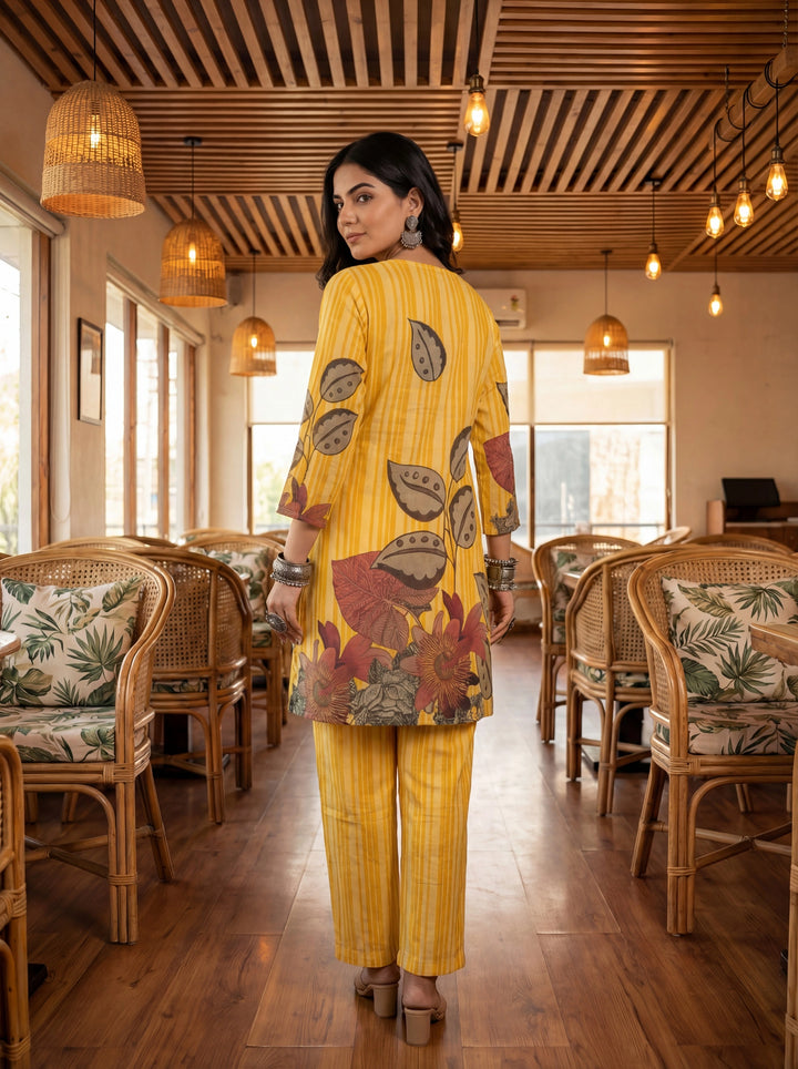 Yellow Floral And Striped Print Straight Cotton Co-Ord Set-Yufta Store-7489CRDYLM