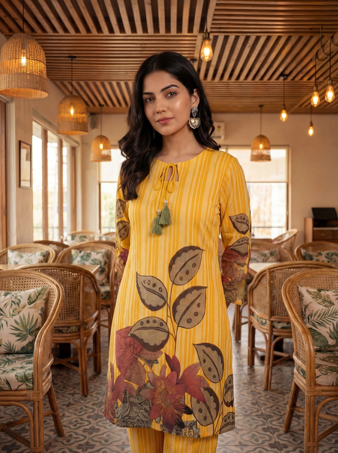 Yellow Floral And Striped Print Straight Cotton Co-Ord Set-Yufta Store-7489CRDYLM