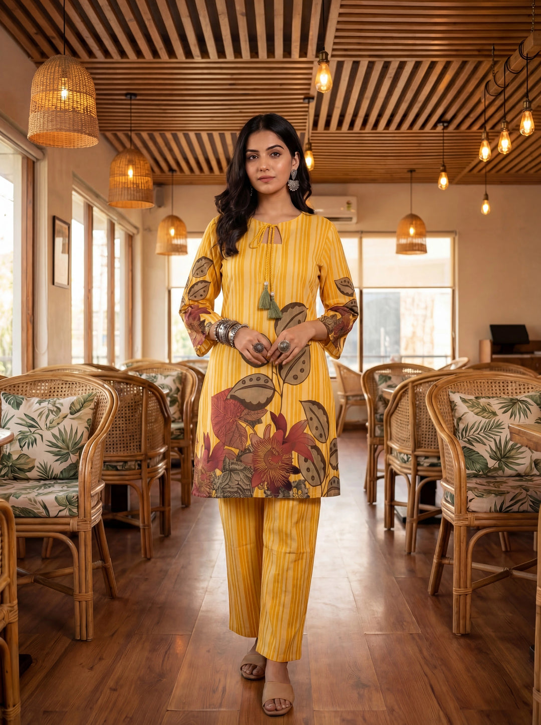 Yellow Floral And Striped Print Straight Cotton Co-Ord Set-Yufta Store-7489CRDYLM