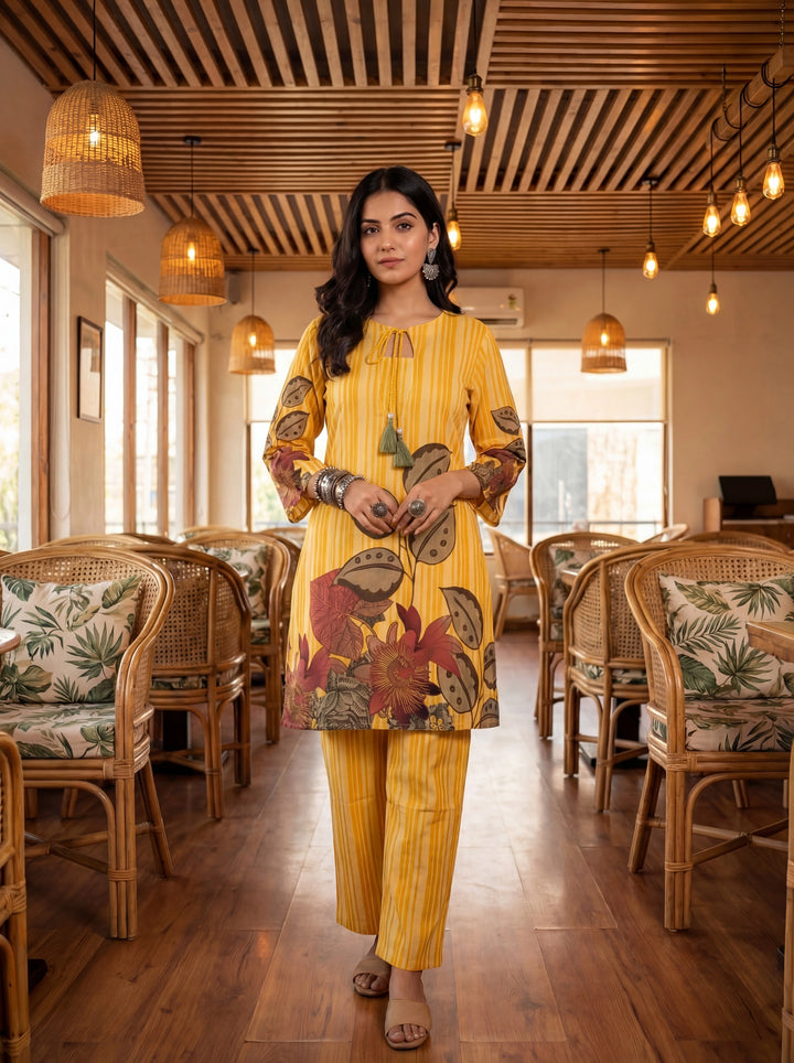 Yellow Floral And Striped Print Straight Cotton Co-Ord Set-Yufta Store-7489CRDYLM