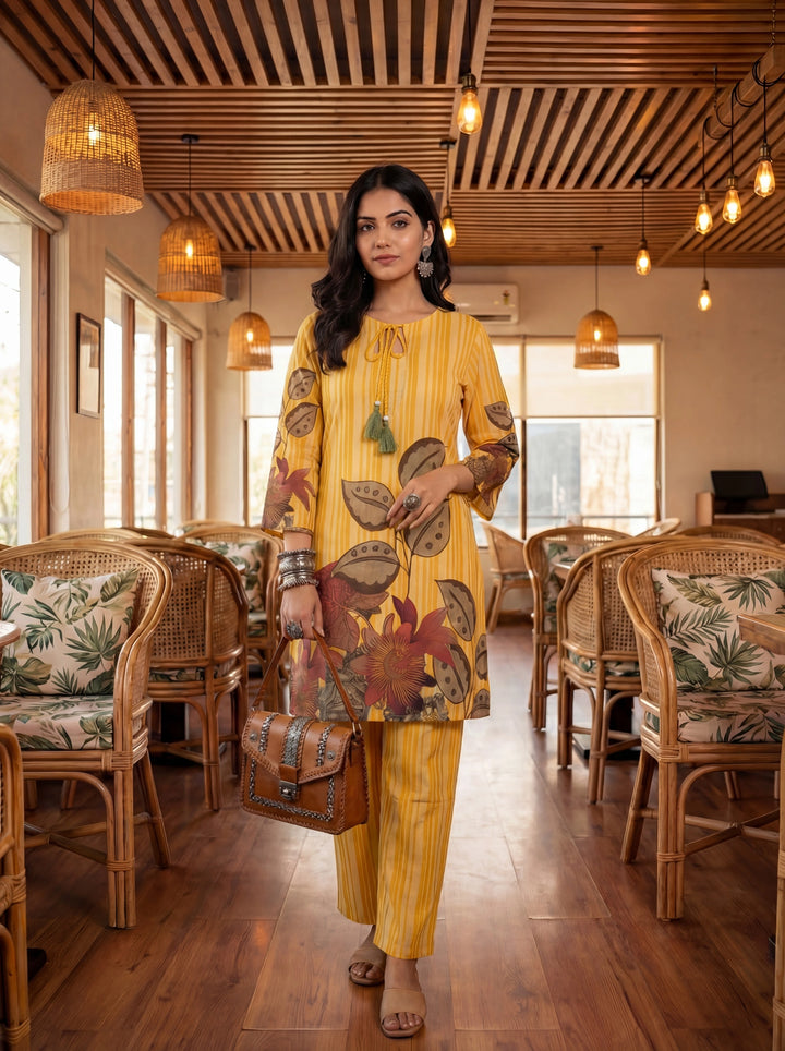 Yellow Floral And Striped Print Straight Cotton Co-Ord Set-Yufta Store-7489CRDYLM