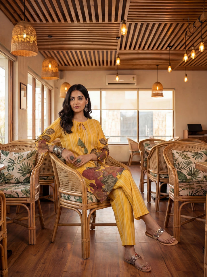 Yellow Floral And Striped Print Straight Cotton Co-Ord Set-Yufta Store-7489CRDYLM
