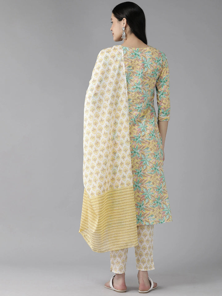 Yellow Floral Embroidered Sequinned Pure Cotton Kurta with Trousers & With Dupatta Set-Yufta Store-1443SKDYLS