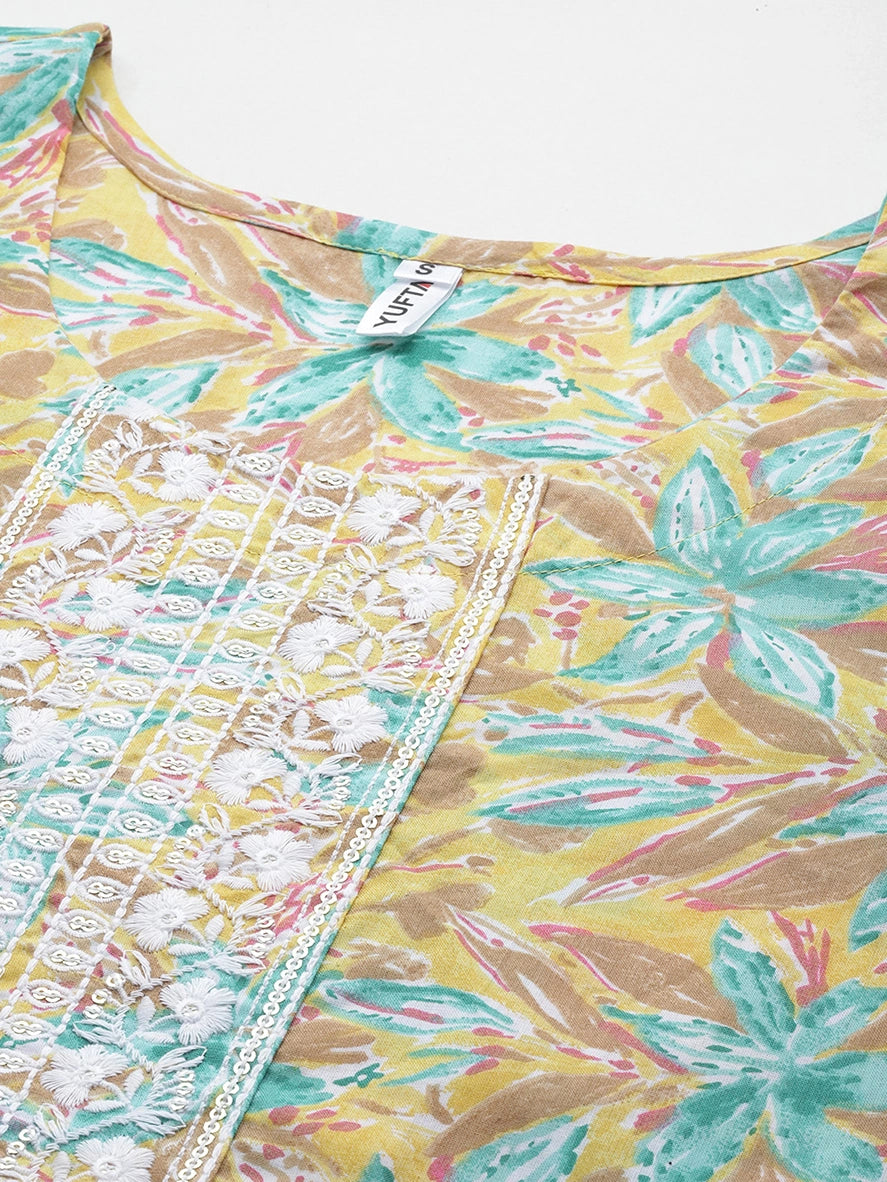 Yellow Floral Embroidered Sequinned Pure Cotton Kurta with Trousers & With Dupatta Set-Yufta Store-1443SKDYLS