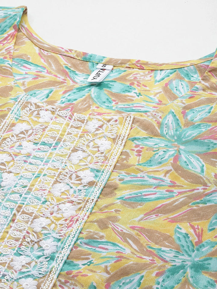 Yellow Floral Embroidered Sequinned Pure Cotton Kurta with Trousers & With Dupatta Set-Yufta Store-1443SKDYLS