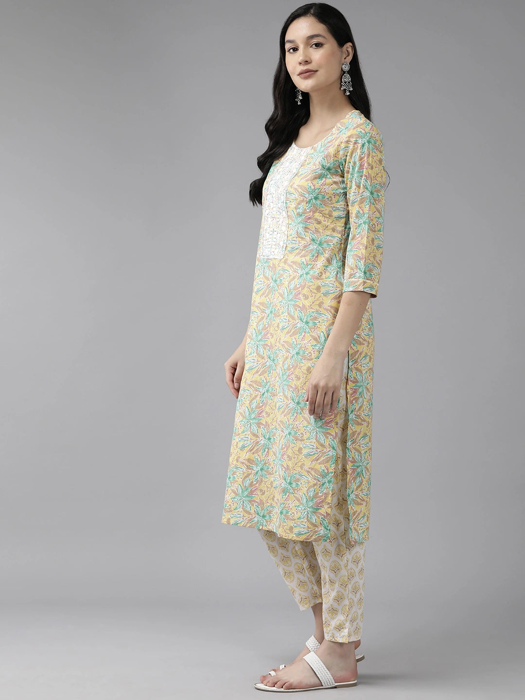 Yellow Floral Embroidered Sequinned Pure Cotton Kurta with Trousers & With Dupatta Set-Yufta Store-1443SKDYLS
