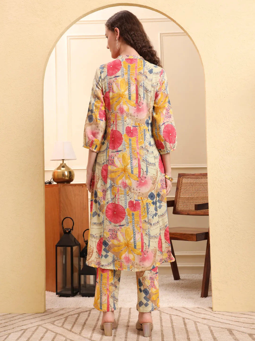 Yellow Floral Print A-Line Kurta Trouser Set