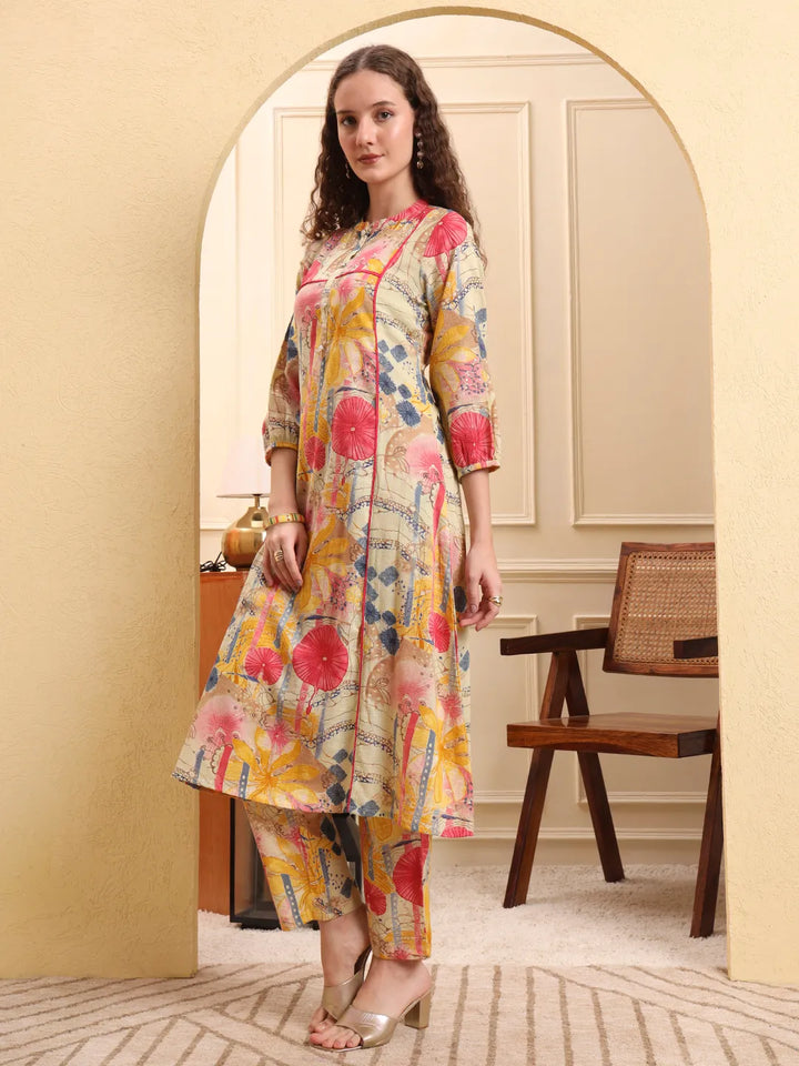 Yellow Floral Print A-Line Kurta Trouser Set