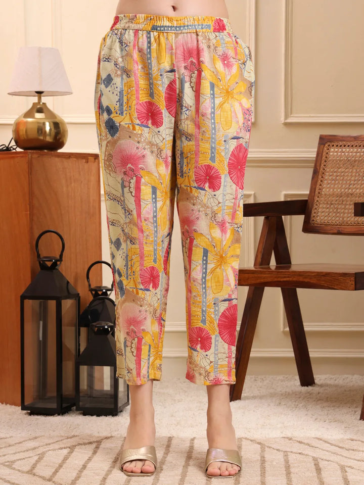 Yellow Floral Print A-Line Kurta Trouser Set