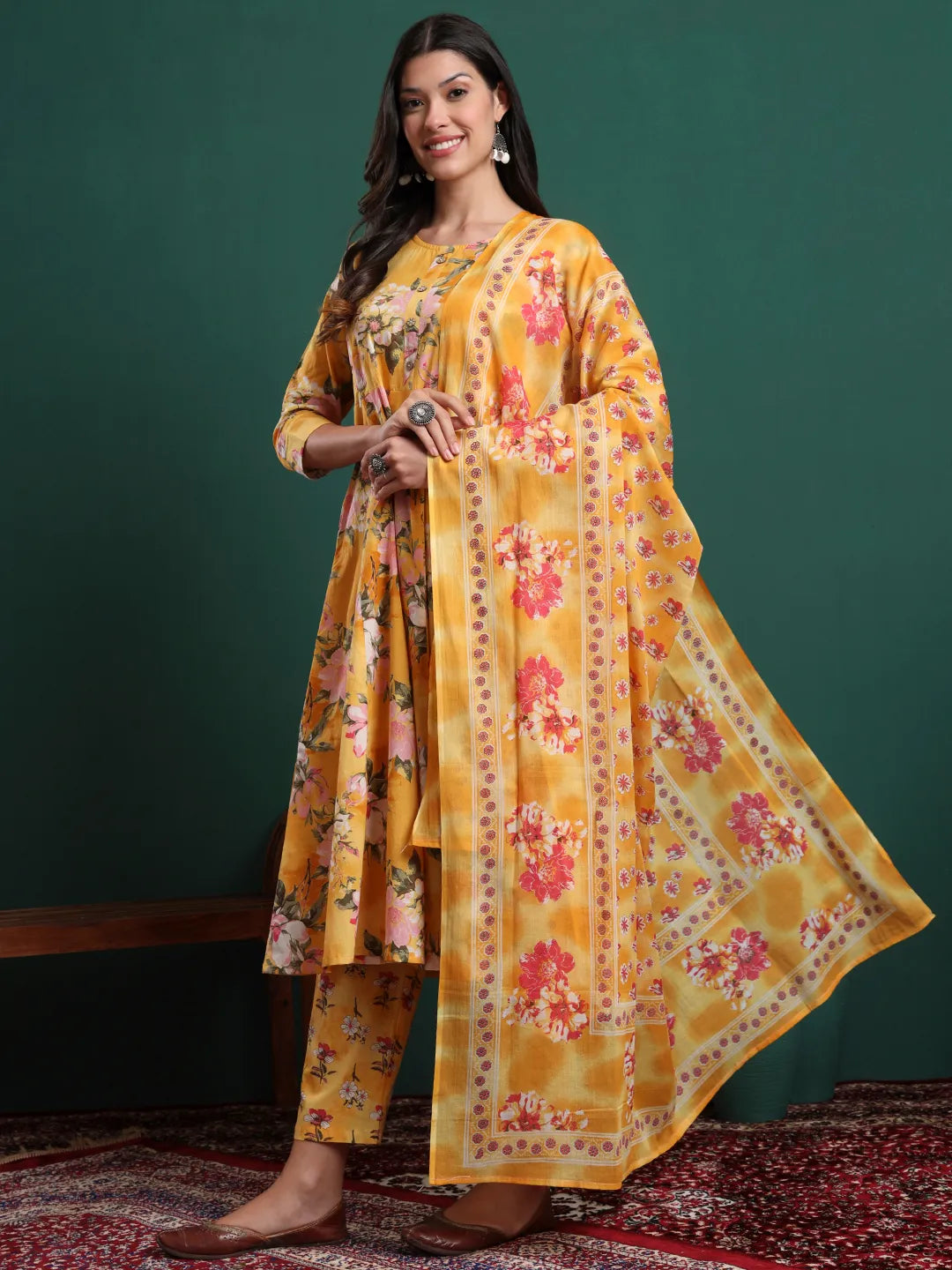 Yellow Floral Print A-Line Maternity Kurta Trouser Dupatta Set