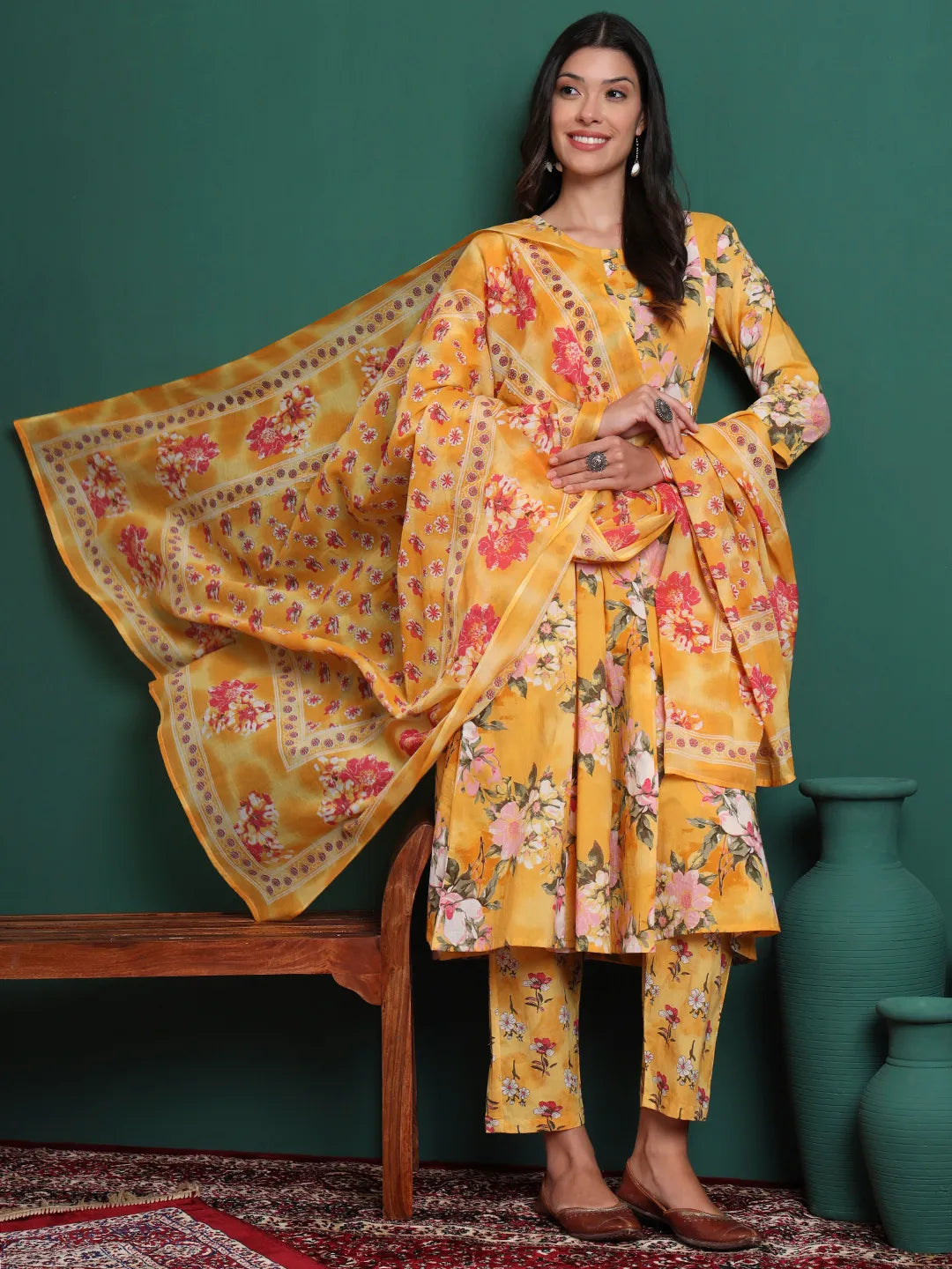 Yellow Floral Print A-Line Maternity Kurta Trouser Dupatta Set