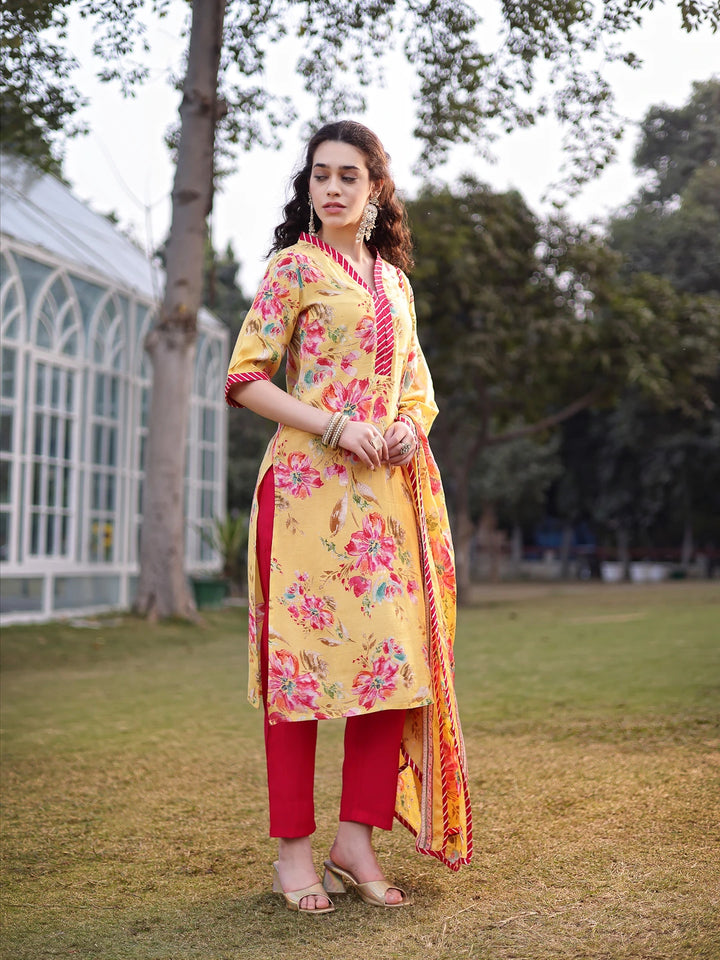 Yellow Floral Print Lensing Straight Kurta Trouser Dupatta Set-Yufta Store-6725SKDYLM