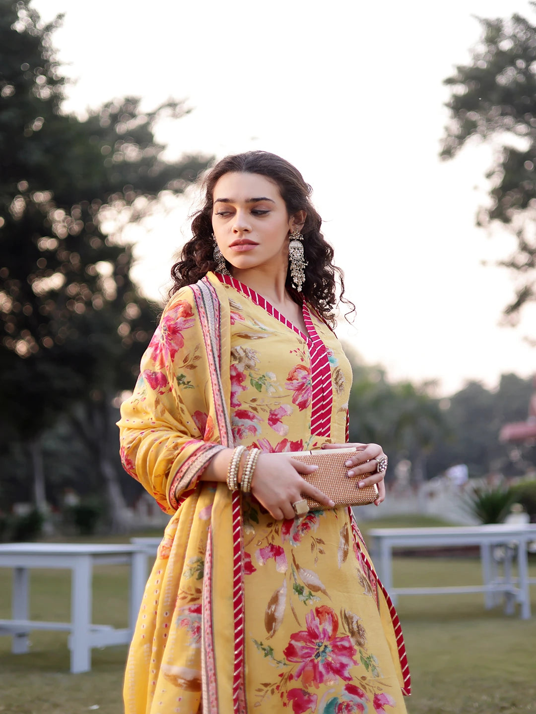 Yellow Floral Print Lensing Straight Kurta Trouser Dupatta Set-Yufta Store-6725SKDYLM