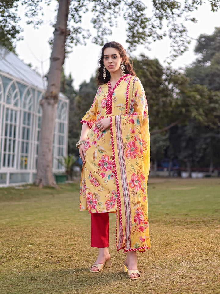 Yellow Floral Print Lensing Straight Kurta Trouser Dupatta Set-Yufta Store-6725SKDYLM