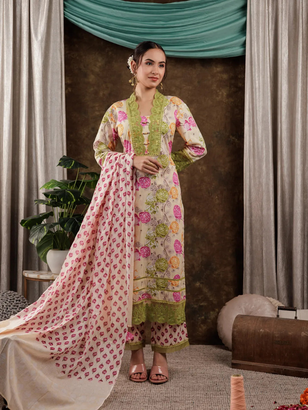 Yellow Floral Print Pure Cotton Beads Straight Kurta Dupatta Set With Lace Detailing-Yufta Store-7183SKDYLS