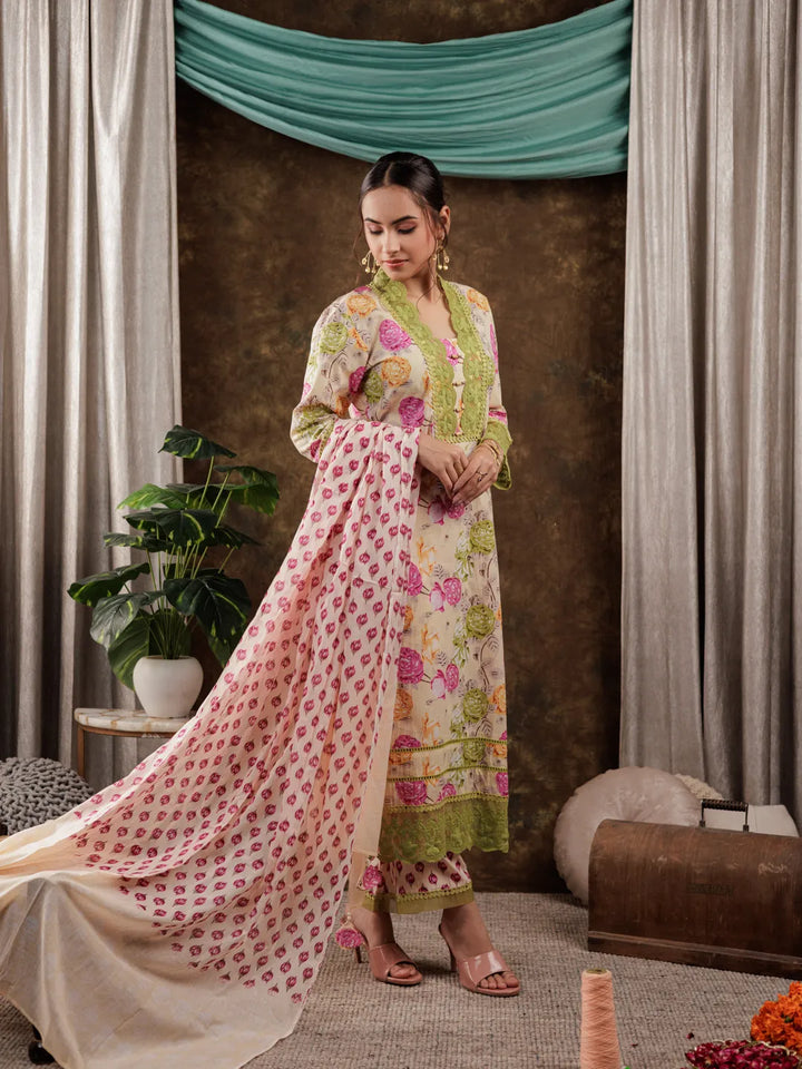 Yellow Floral Print Pure Cotton Beads Straight Kurta Dupatta Set With Lace Detailing-Yufta Store-7183SKDYLS