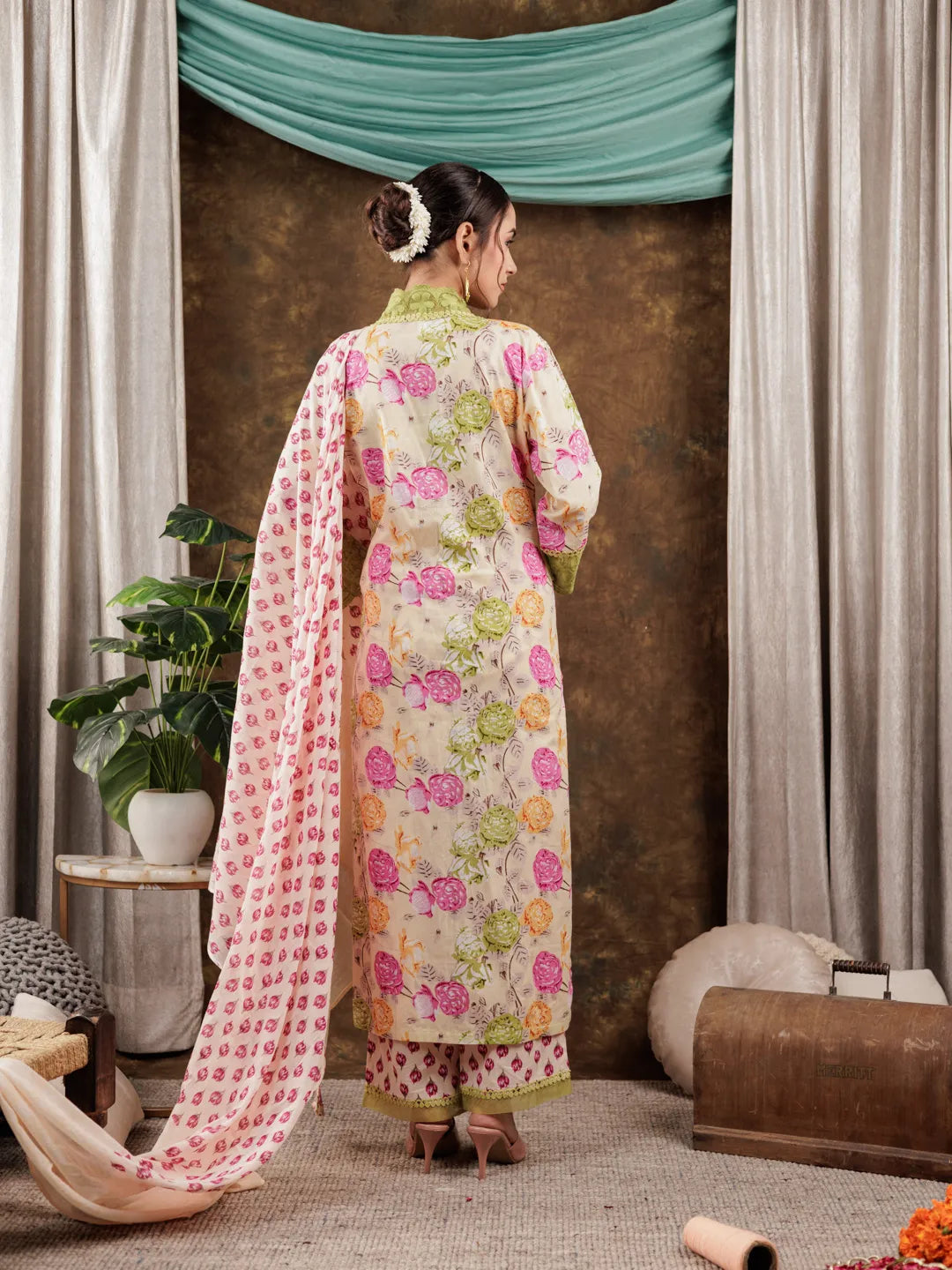 Yellow Floral Print Pure Cotton Beads Straight Kurta Dupatta Set With Lace Detailing-Yufta Store-7183SKDYLS