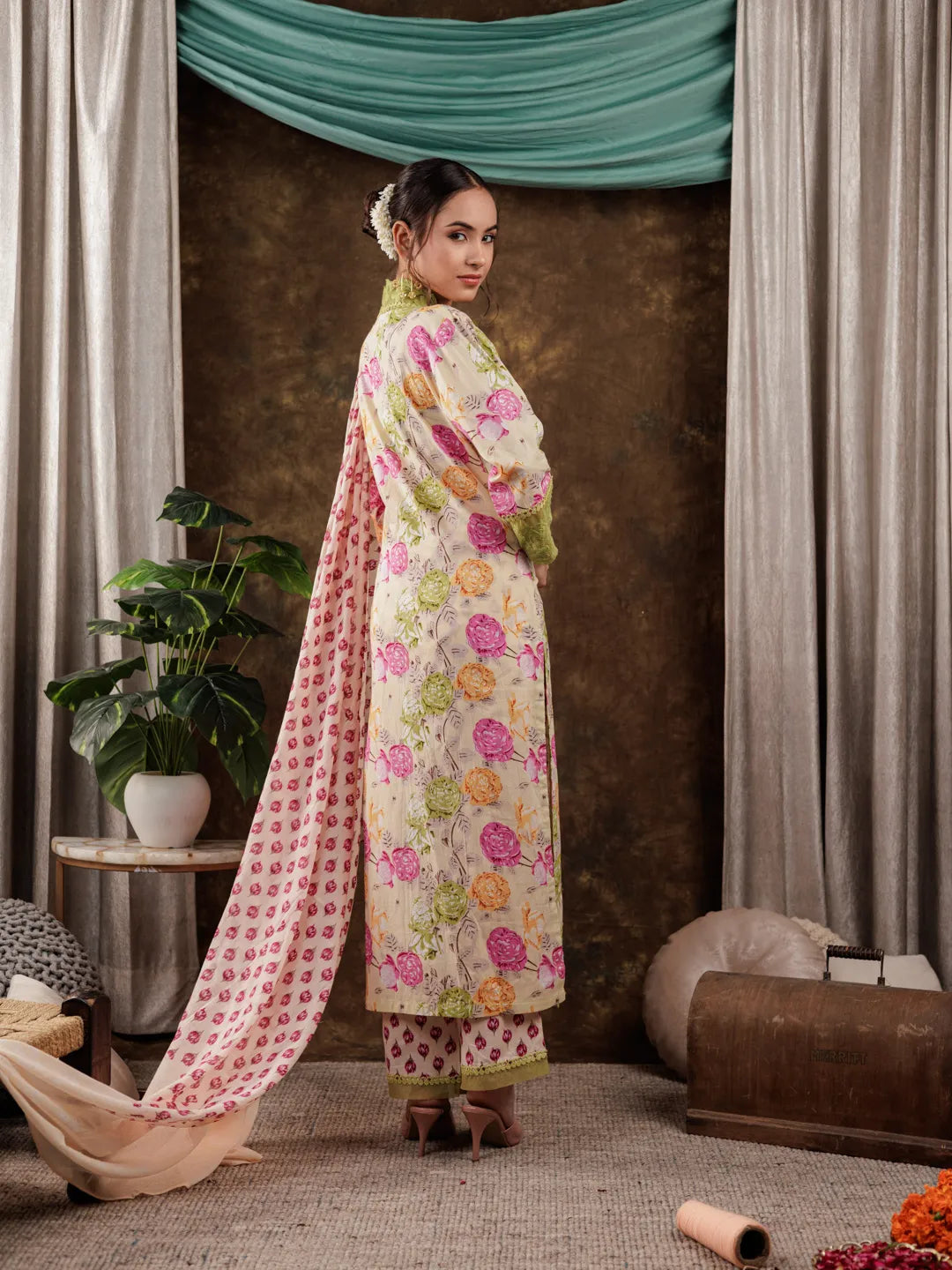 Yellow Floral Print Pure Cotton Beads Straight Kurta Dupatta Set With Lace Detailing-Yufta Store-7183SKDYLS