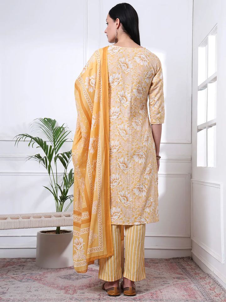 Yellow Floral Print Thread Work Straight Kurta Trouser Dupatta Set