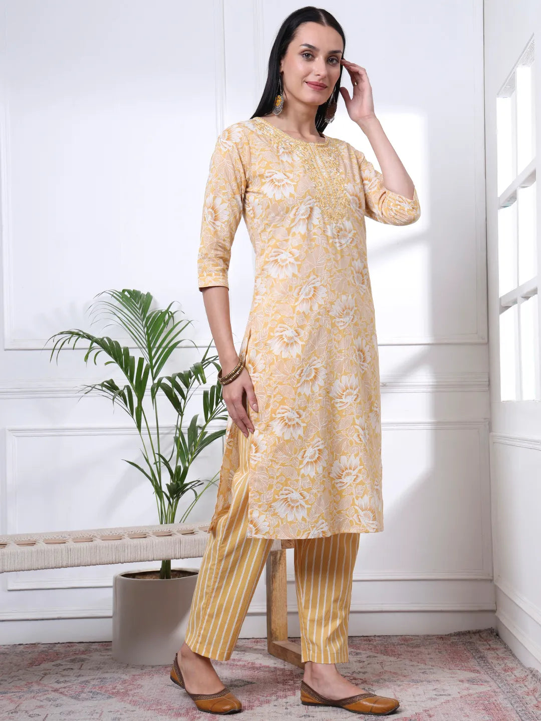 Yellow Floral Print Thread Work Straight Kurta Trouser Dupatta Set