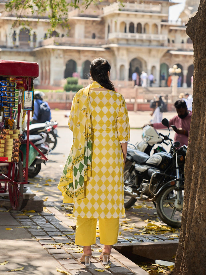 Yellow Floral Straight Thared Work Kurta Trouser Dupatta Set-Yufta Store-7700SKDYLM