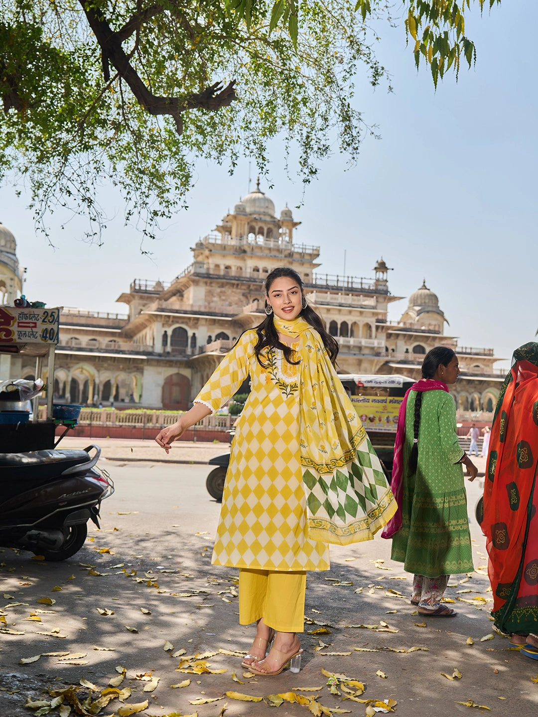 Yellow Floral Straight Thared Work Kurta Trouser Dupatta Set-Yufta Store-7700SKDYLM
