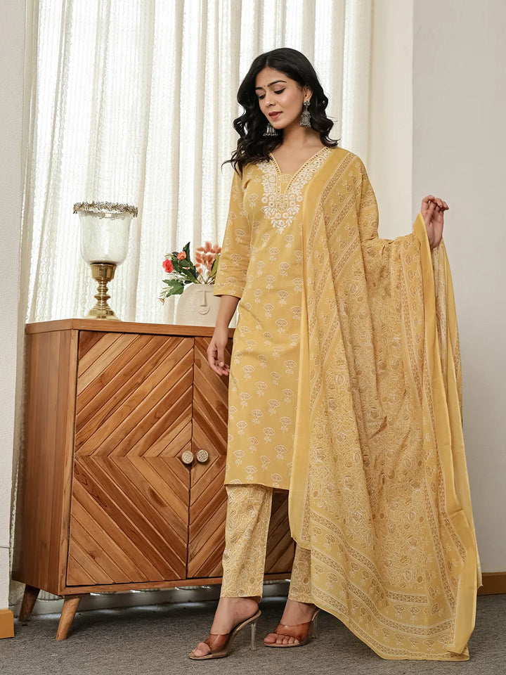 Yellow Floral Thread Work Straight Kurta Trouser Dupatta Set-Yufta Store-6539SKDYLM