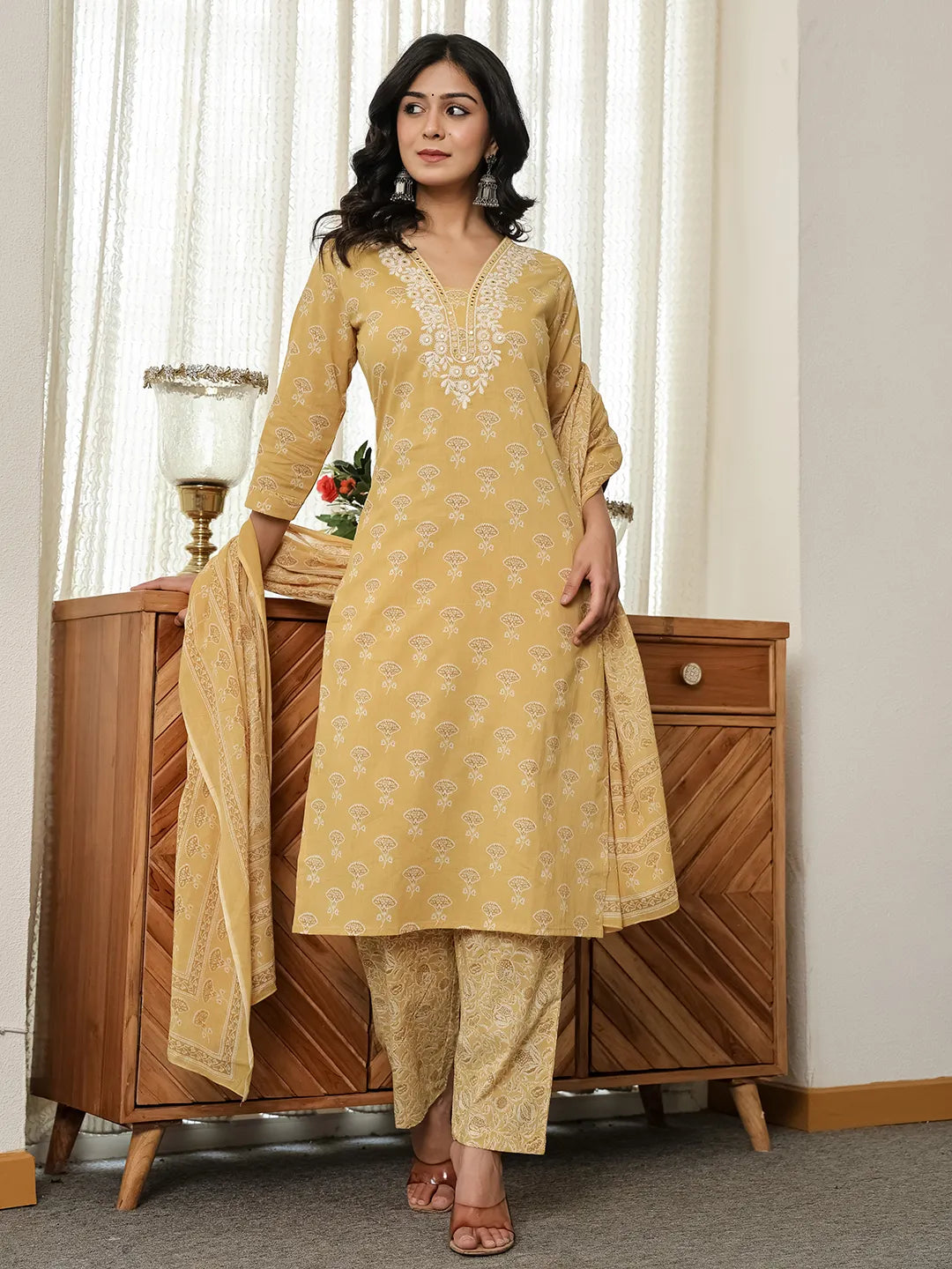 Yellow Floral Thread Work Straight Kurta Trouser Dupatta Set-Yufta Store-6539SKDYLM