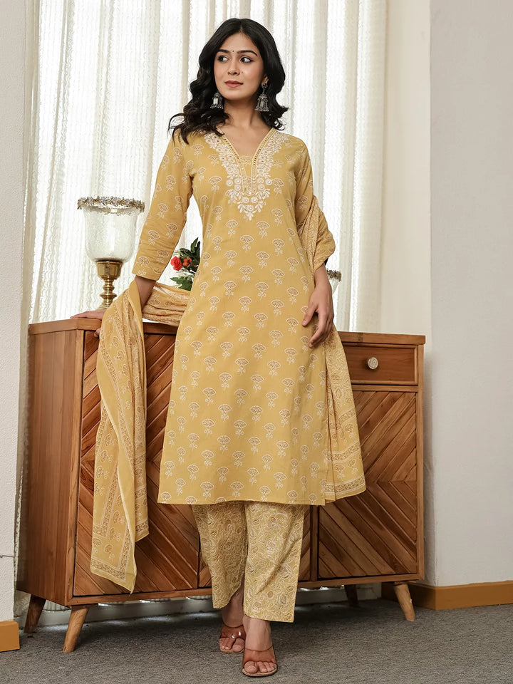 Yellow Floral Thread Work Straight Kurta Trouser Dupatta Set-Yufta Store-6539SKDYLM